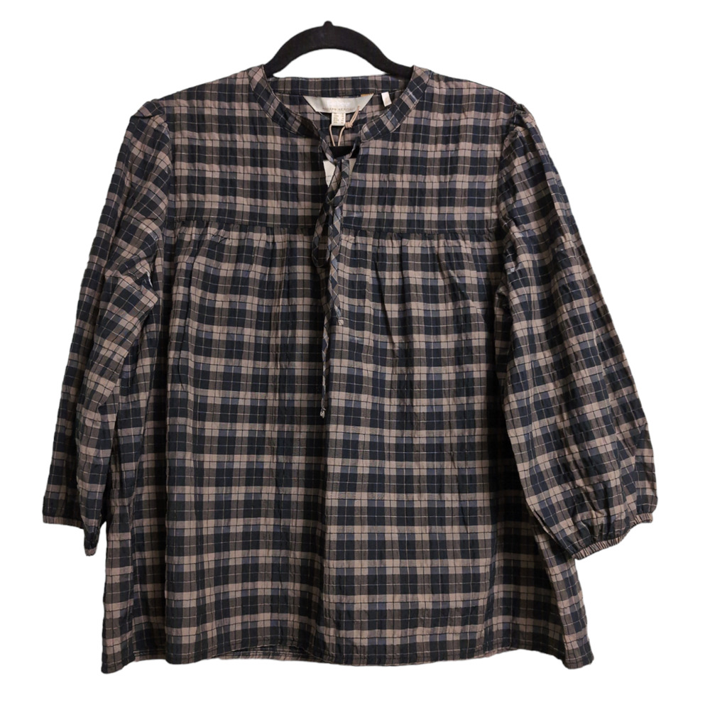 Barbour Lorelie Top Praline Plaid V-neck Seersucker Puff Sleeves 14 New
